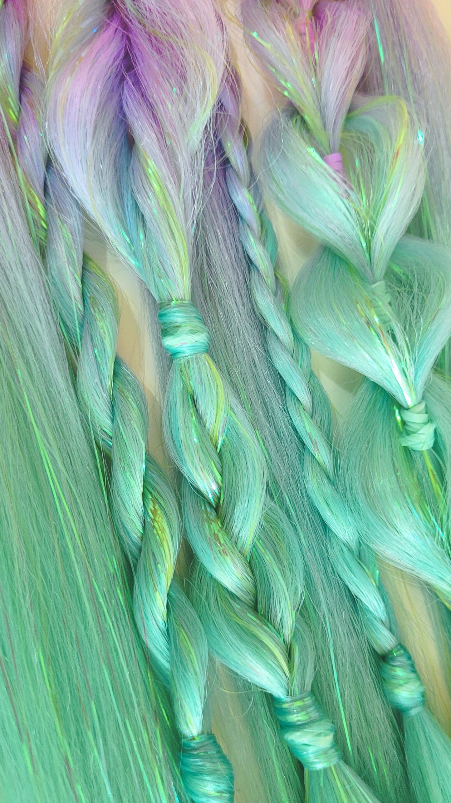 Lilac, Mint Green & Blue Mystic Mermaid Tie-In Festival Braids with Iridescent Tinsel Sparkle