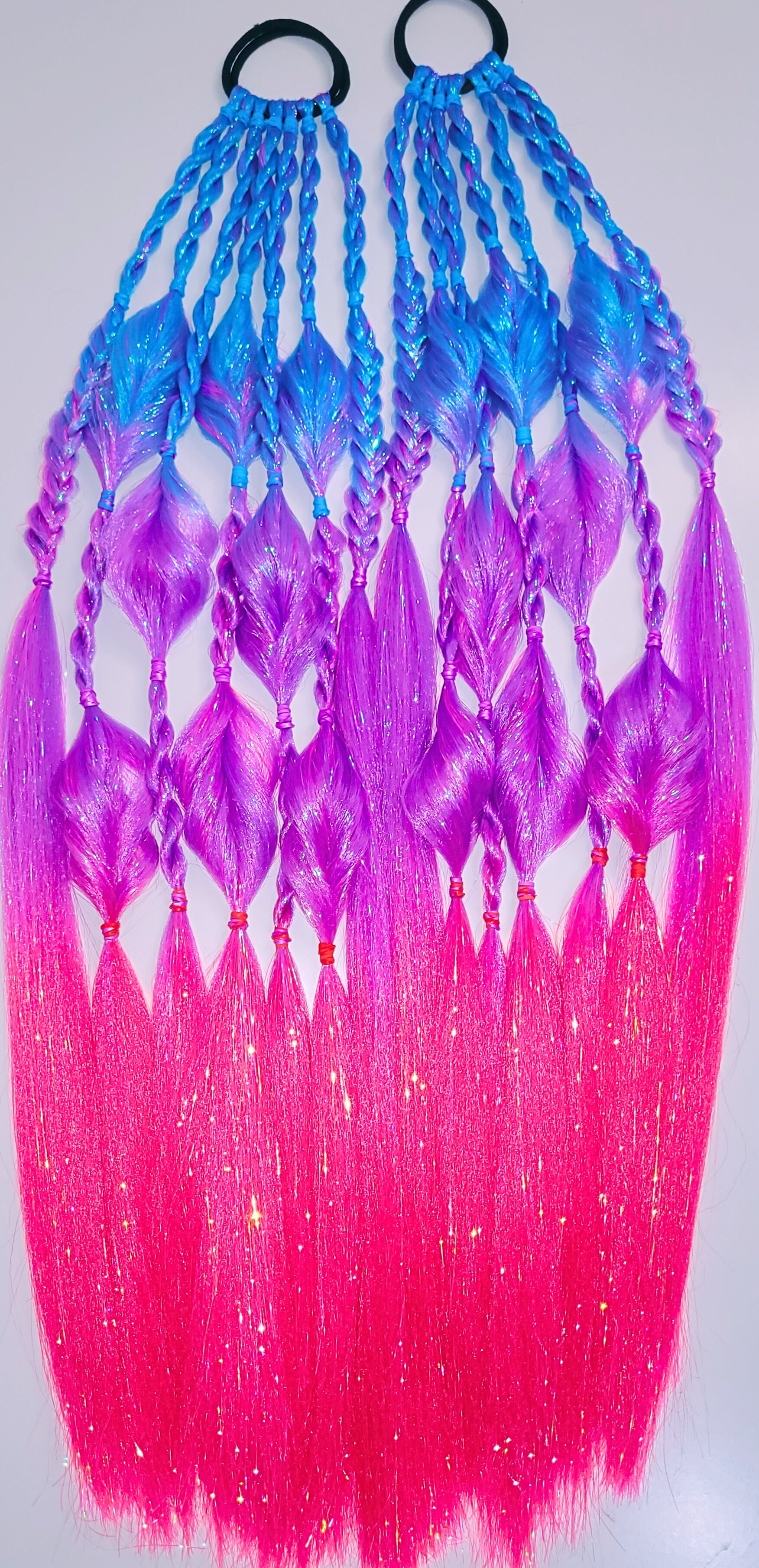 Blue, Purple & Pink Berry Burst Tie-In Festival Braids with Iridescent Tinsel Sparkle