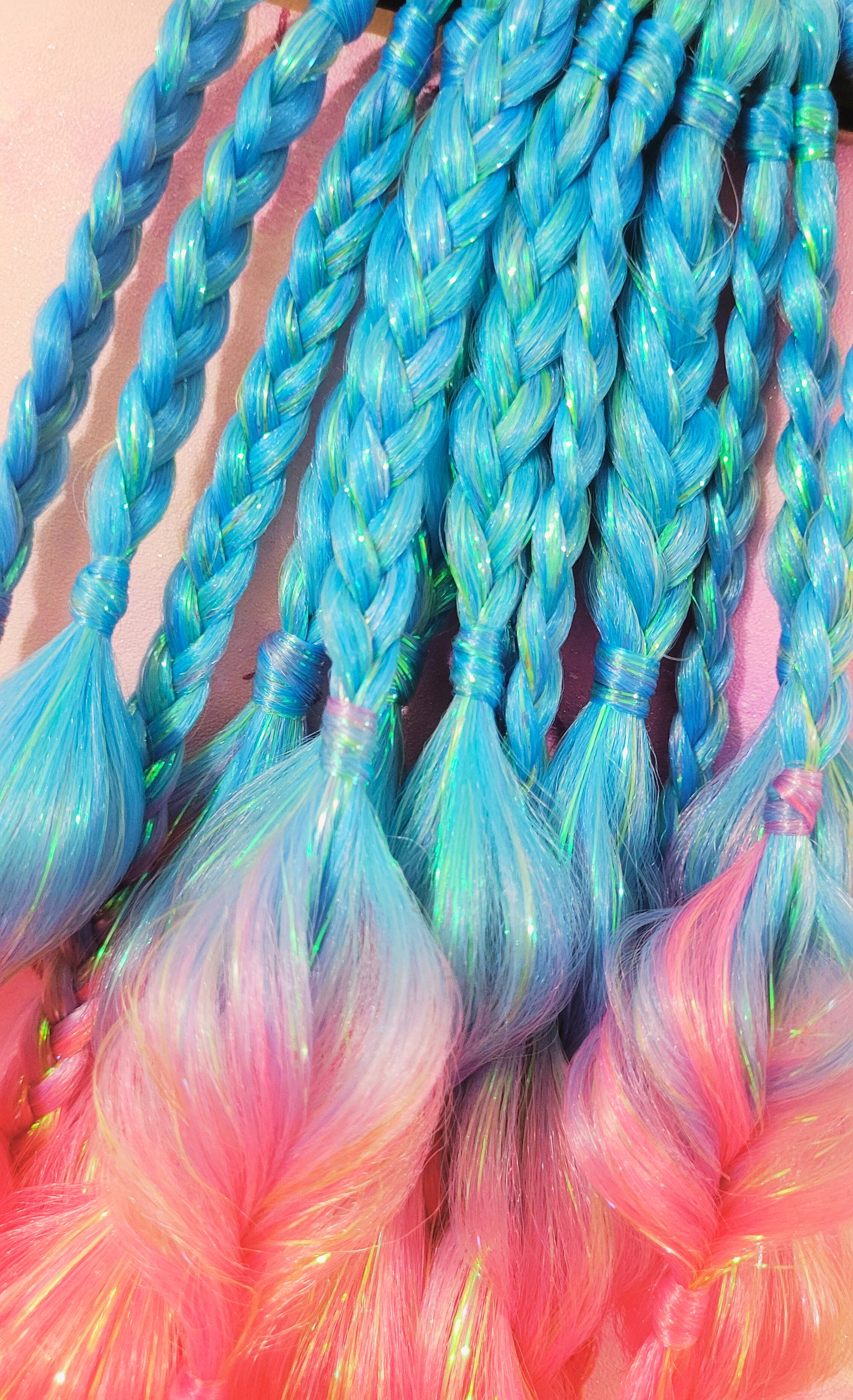 Neon Blue, Pink & Yellow Tie-In Festival Braids with Iridescent Tinsel Sparkle