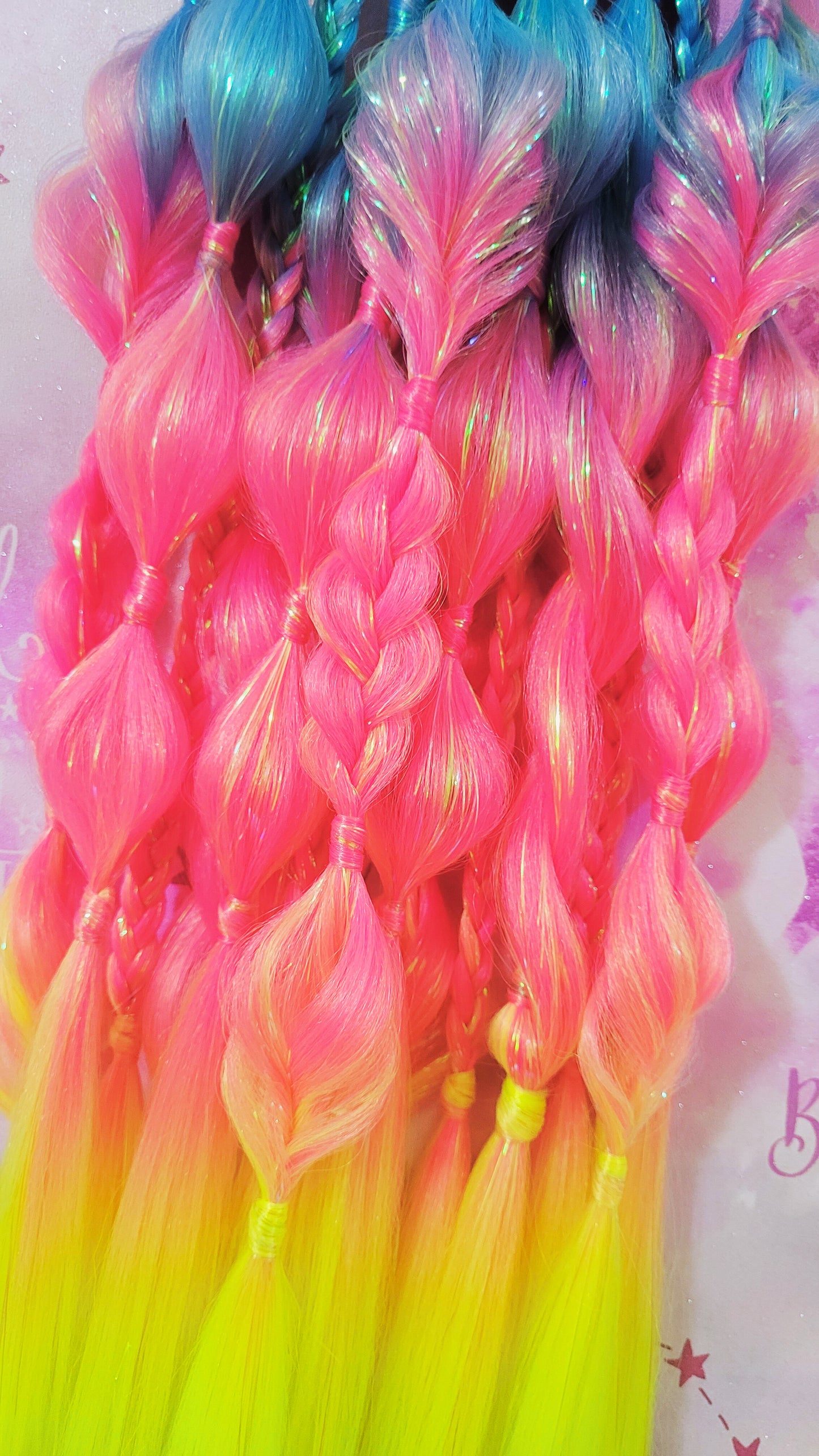 Neon Blue, Pink & Yellow Tie-In Festival Braids with Iridescent Tinsel Sparkle