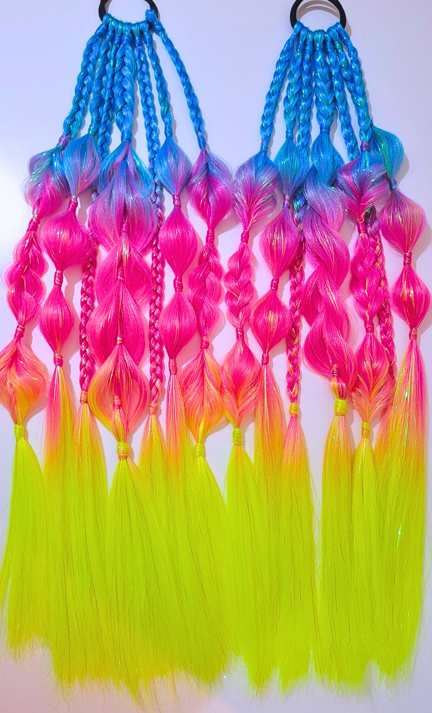 Neon Blue, Pink & Yellow Tie-In Festival Braids with Iridescent Tinsel Sparkle