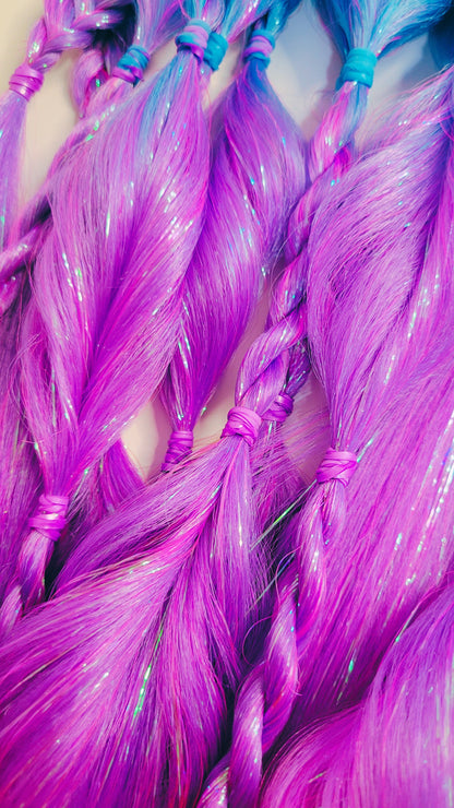 Blue, Purple & Pink Berry Burst Tie-In Festival Braids with Iridescent Tinsel Sparkle