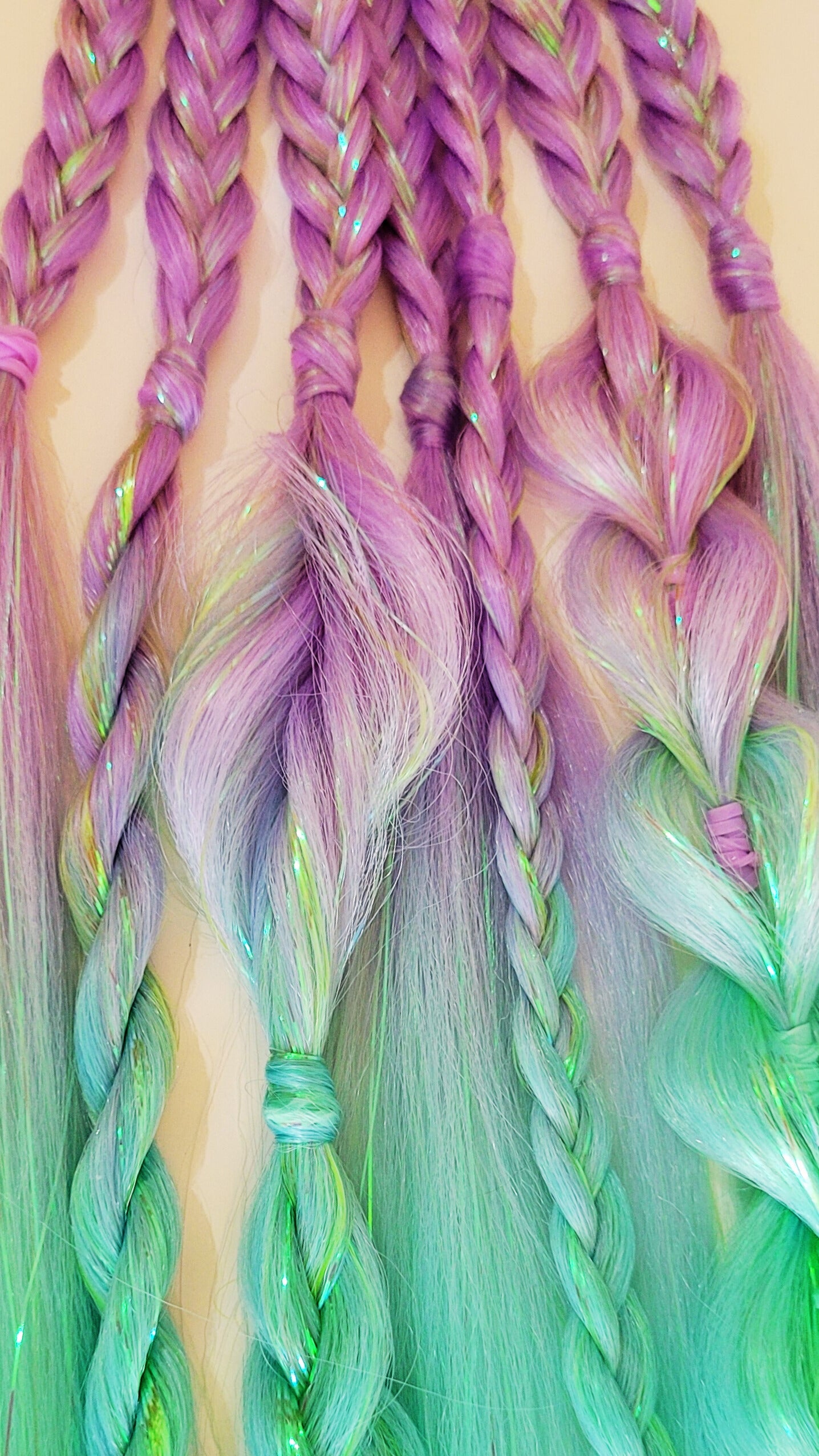 Lilac, Mint Green & Blue Mystic Mermaid Tie-In Festival Braids with Iridescent Tinsel Sparkle