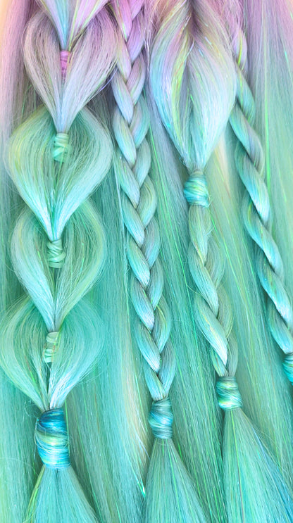 Lilac, Mint Green & Blue Mystic Mermaid Tie-In Festival Braids with Iridescent Tinsel Sparkle