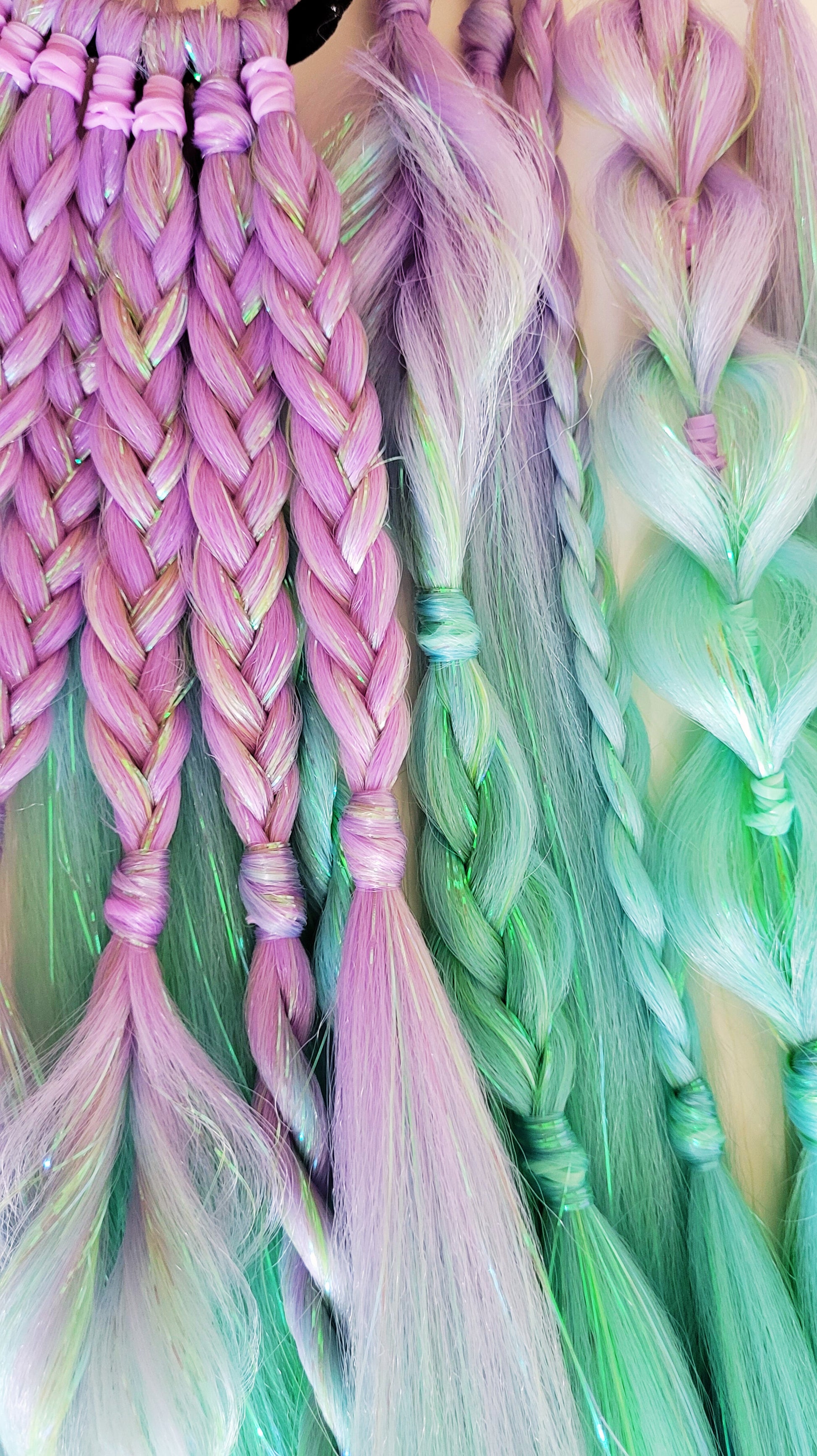 Lilac, Mint Green & Blue Mystic Mermaid Tie-In Festival Braids with Iridescent Tinsel Sparkle