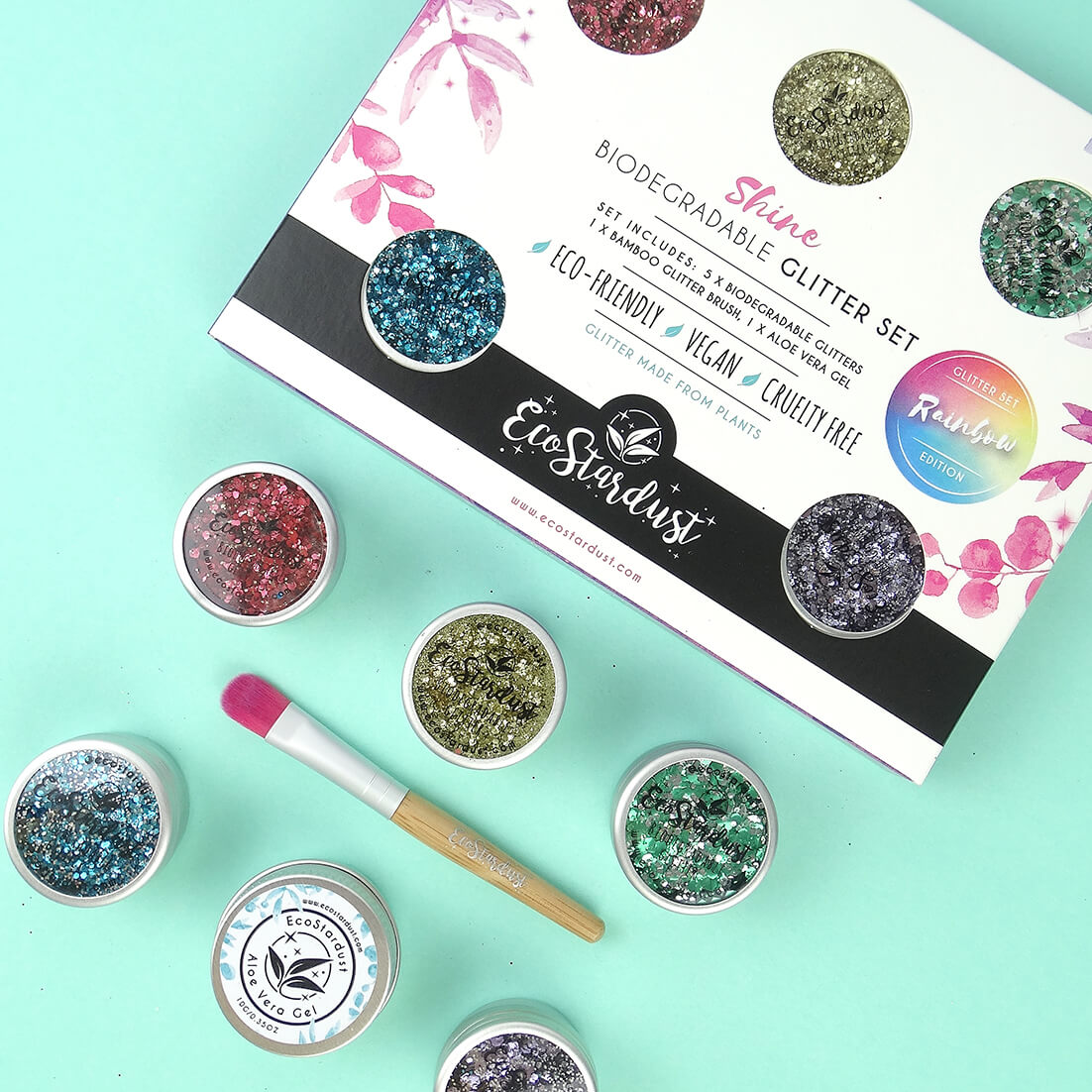 EcoStardust Rainbow 5 Glitter Set Tins, Gel and Brush