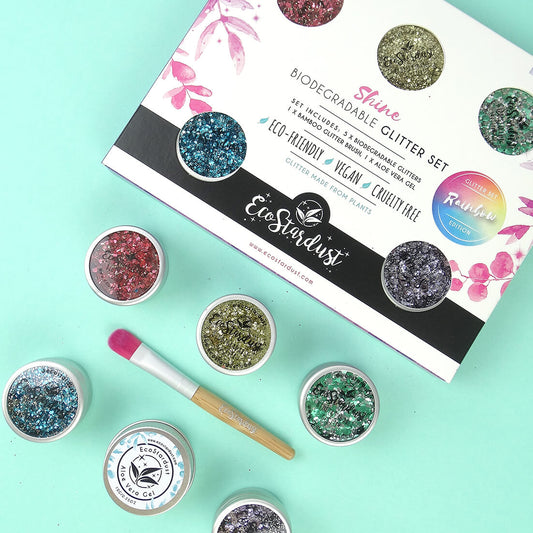 EcoStardust Rainbow 5 Glitter Set Tins, Gel and Brush